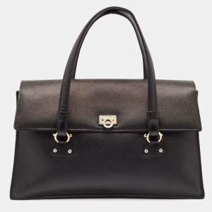 Salvatore Ferragamo Black Saffiano Leather Gancini Flap Satchel