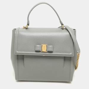 Salvatore Ferragamo Grey Leather Bow Top Handle Bag
