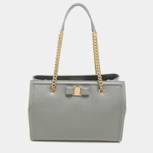 Salvatore Ferragamo Grey Leather Vara Bow Chain Tote