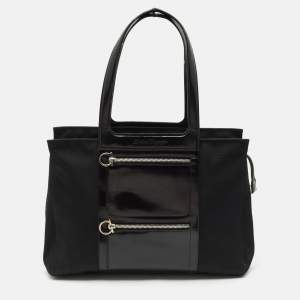 Salvatore Ferragamo Black Leather and Nylon Ganici Pocket Tote