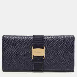 Salvatore Ferragamo Indigo Lizard Leather Vara Bow Continental Wallet