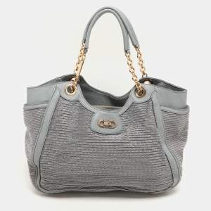 Salvatore Ferragamo Grey Leather and Raffia Betulla Tote