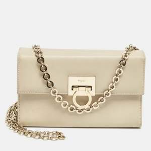 Salvatore Ferragamo Beige Leather Gancini Chain Clutch 