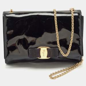 Salvatore Ferragamo Black Patent Leather Vara Bow Chain Crossbody Bag