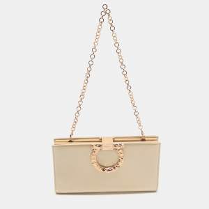 Salvatore Ferragamo Beige Satin Gancini Chain Clutch