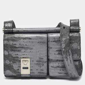 Salvatore Ferragamo Lilac/Black Lizard Embossed Leather Multi Pocket Flap Crossbody Bag