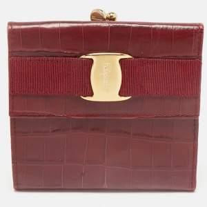 Salvatore Ferragamo Red Croc Embossed Leather Vara Bow French Wallet