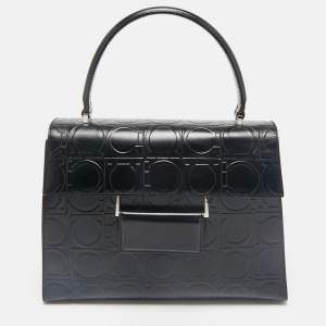 Salvatore Ferragamo Black Embossed Leather Gancini Top Handle Bag