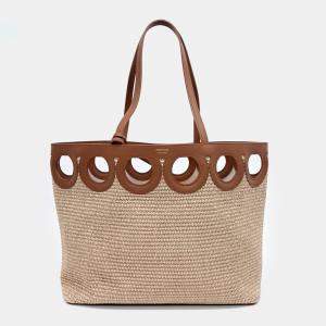 Salvatore Ferragamo Beige Brown Raffia Raffia Gancini Outline Tote Bag Large
