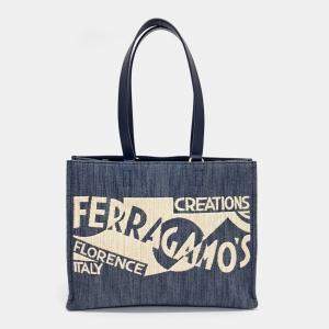 Salvatore Ferragamo Navy Blue Denim denim logo tote and shoulder bag large
