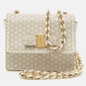 Salvatore Ferragamo White Perforated Leather Mini Vara Ginny Shoulder Bag
