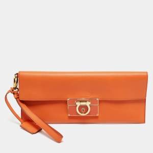 Salvatore Ferragamo Orange Leather Afef Lock Story Wristlet Clutch