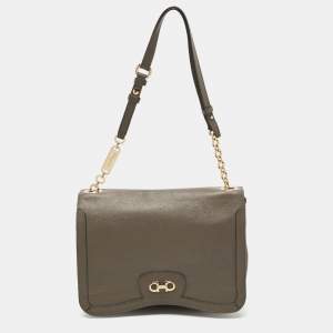 Salvatore Ferragamo Dark Beige Leather Gancini Flap Shoulder Bag