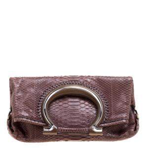 Pre Owned Salvatore Ferragamo Dark Beige Python Foldover Clutch