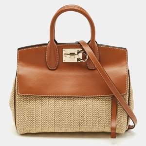 Salvatore Ferragamo Brown/Beige Raffia and Leather Studio Tote