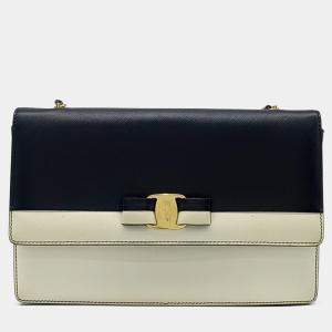 Pre Owned Salvatore Ferragamo Black White Leather Genie Crossbody Bag