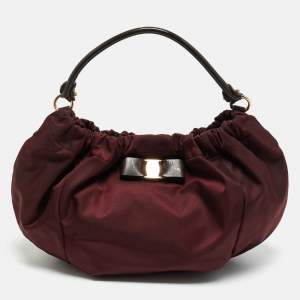 Pre Owned Salvatore Ferragamo Burgundy/Brown Nylon and Patent Leather Vara Bow Hobo