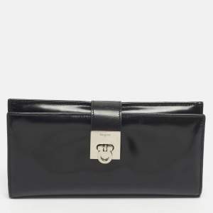 Pre Owned Salvatore Ferragamo Black Glossy Leather Gancini Continental Wallet