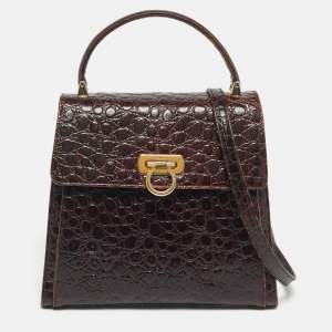 Pre Owned Salvatore Ferragamo Dark Brown Crocodile Kelly Top Handle Bag