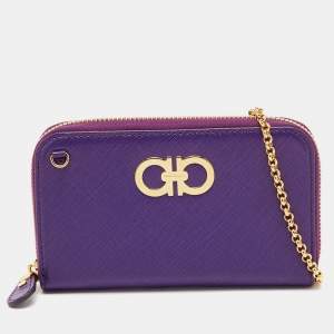 Pre Owned Salvatore Ferragamo Purple Leather Gancio Cip Around Wallet On Chain