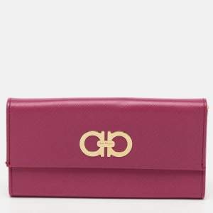 Pre Owned Salvatore Ferragamo Pink Leather Gancio Flap Continental Wallet