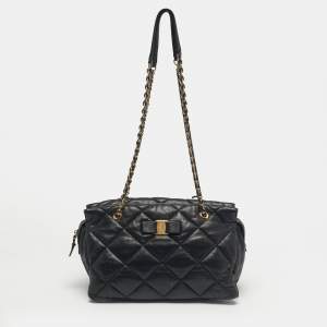 Pre Owned Salvatore Ferragamo Black Quilted Leather Ginette Chain Shoulder Bag