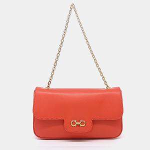 Pre Owned Salvatore Ferragamo Orange Leather Gancini Chain Shoulder Bag