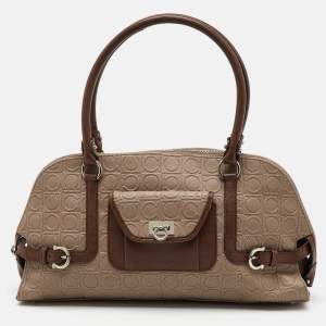 Pre Owned Salvatore Ferragamo Beige/Brown Gancini Embossed Leather Zip Satchel
