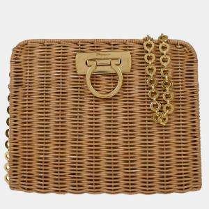 Pre Owned Salvatore Ferragamo Beige Rattan Gancini Shoulder Bag