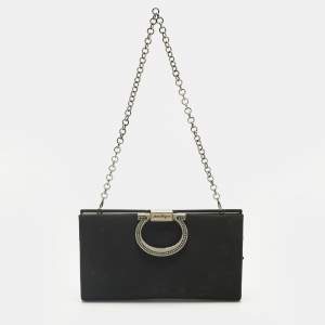 Pre Owned Salvatore Ferragamo Black Satin Musa Gancini Chain Clutch