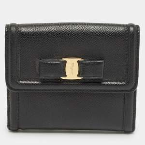 Pre Owned Salvatore Ferragamo Black Leather Vara Bow French Wallet