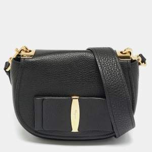 Pre Owned Salvatore Ferragamo Black Leather Iconic Bow Crossbody Bag