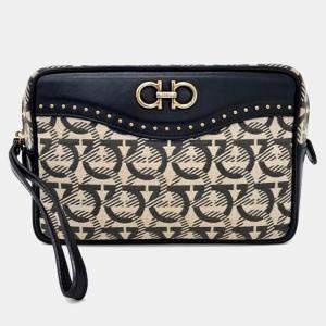 Pre Owned Salvatore Ferragamo Beige Black Fabric Gancini Clutch