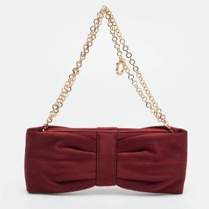 Pre Owned Salvatore Ferragamo Bow Burgundy Satin Chain Clutch