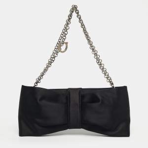 مملوكة مسبقًا Salvatore Ferragamo Bow Black Satin Chain Clutch
