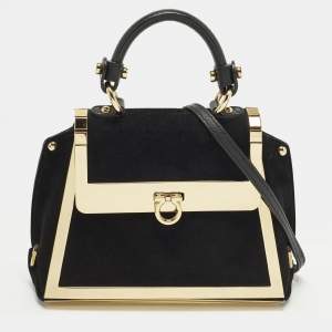 مملوكة مسبقًا Salvatore Ferragamo Sofia Mini Black/Gold Suede and Metal Top Handle Bag