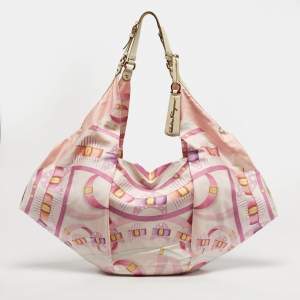 مملوكة مسبقًا Salvatore Ferragamo Pleated Bow Print Pink Leather and Nylon Hobo