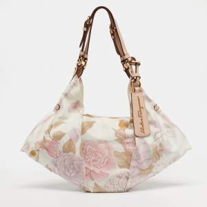 مملوكة مسبقًا Salvatore Ferragamo Pink Pleated Floral Leather and Satin Hobo