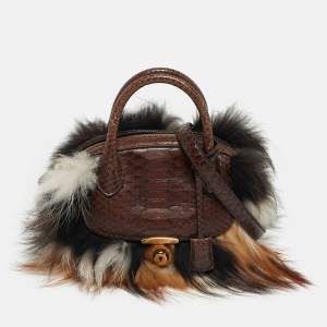 مملوكة مسبقًا Salvatore Ferragamo Fiamma Brown Python and Fox Fur Satchel
