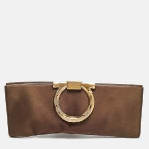 مملوكة مسبقًا Salvatore Ferragamo Musa Gancini Brown Satin Clutch