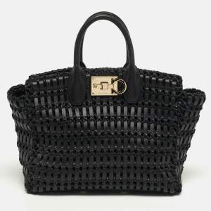 Pre Owned Salvatore Ferragamo Studio Black Woven Leather and Straw Satchel