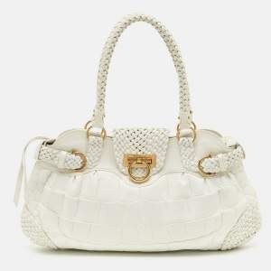 Pre Owned Salvatore Ferragamo Marisa White Croc Embossed Leather Satchel