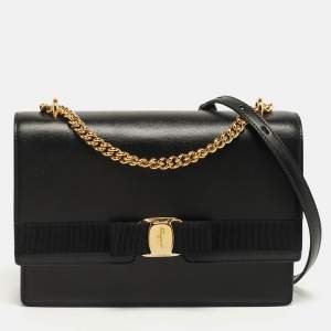 مملوكة مسبقًا Salvatore Ferragamo Vara Bow Chain Black Leather Shoulder Bag