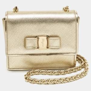 Pre Owned Salvatore Ferragamo Ginny Mini Gold Leather Crossbody Bag