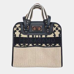 Pre Owned حقيبة سالفاتوري فيراغامو حمل وكتف من جلد ورافية باللون البيج والأسود