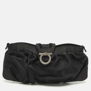 مملوكة مسبقًا Salvatore Ferragamo Gancini Crystal Embellished Black Satin Clutch