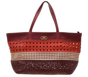 مملوكة مسبقًا Salvatore Ferragamo Multicolor Leather Laser Cut Shopper Tote