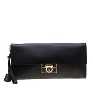 Pre Owned Salvatore Ferragamo Black Leather Afef Gancio Clutch