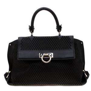 Salvatore Ferragamo Black Lasercut Leather Medium Sofia Satchel