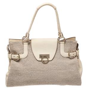 مملوكة مسبقًا Salvatore Ferragamo Cream Woven Straw and Lizard Embossed Leather Satchel